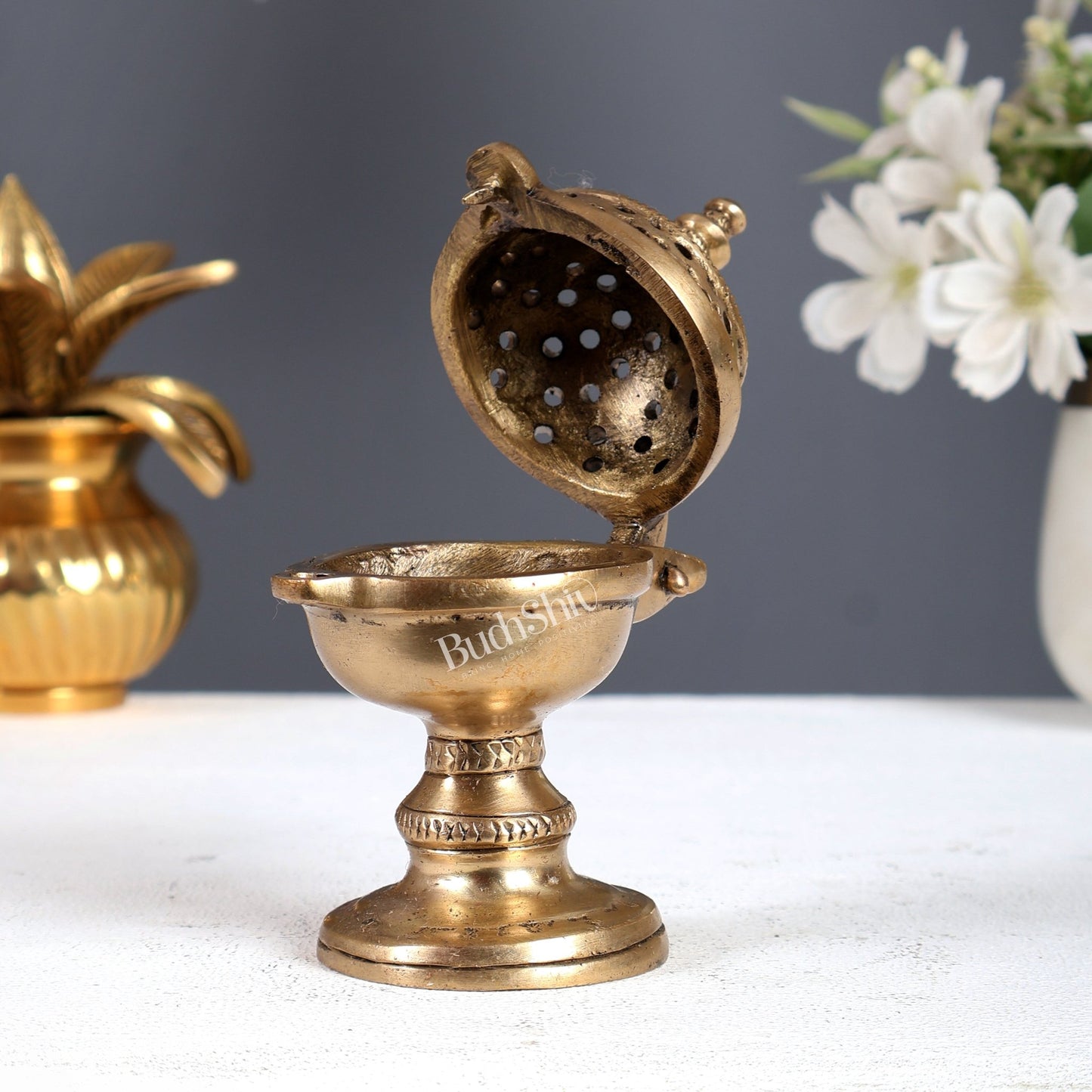 Traditional Brass Round Dhoop Burner – Heritage Design Incense Burner (4.2 Inches) - Budhshiv.com