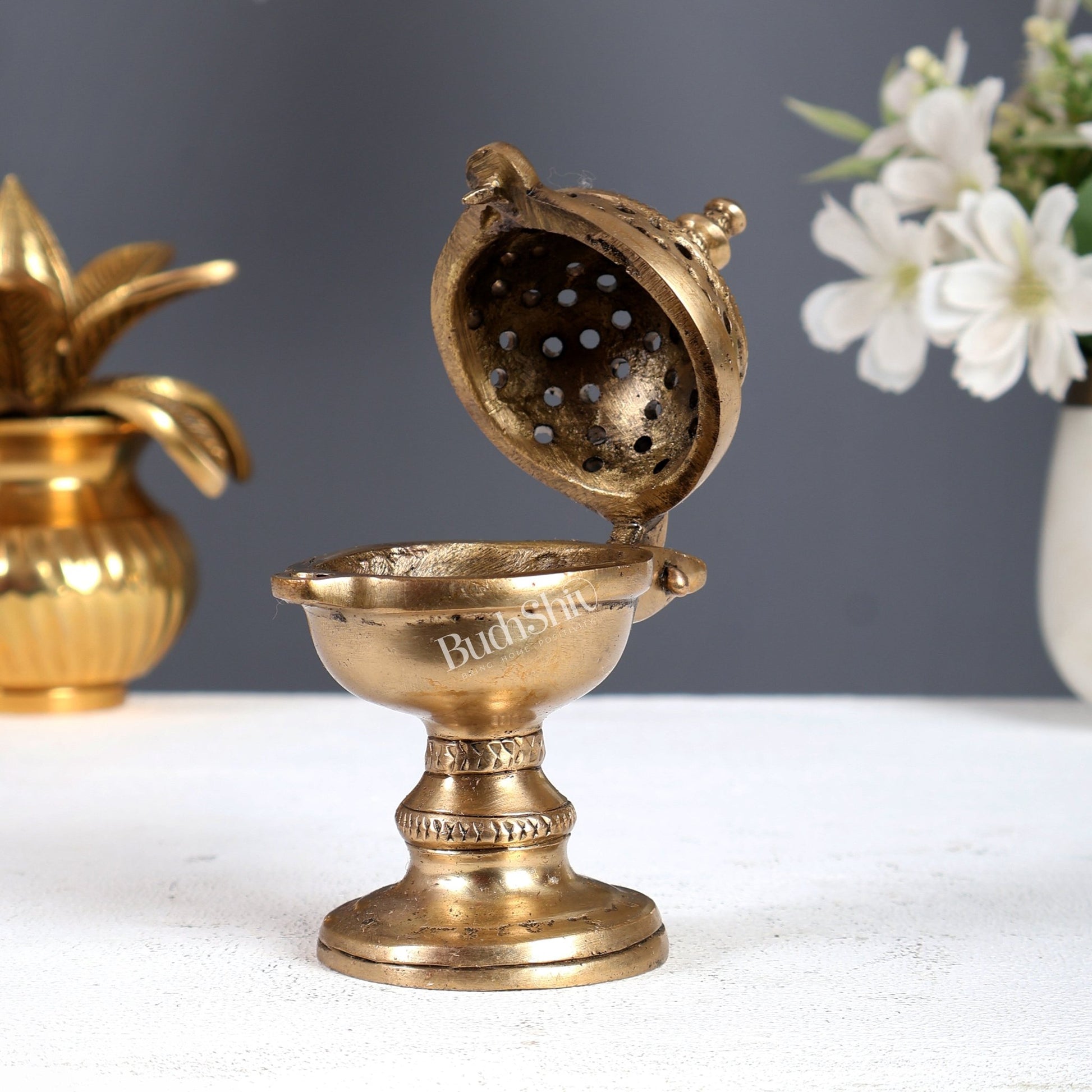 Traditional Brass Round Dhoop Burner – Heritage Design Incense Burner (4.2 Inches) - Budhshiv.com