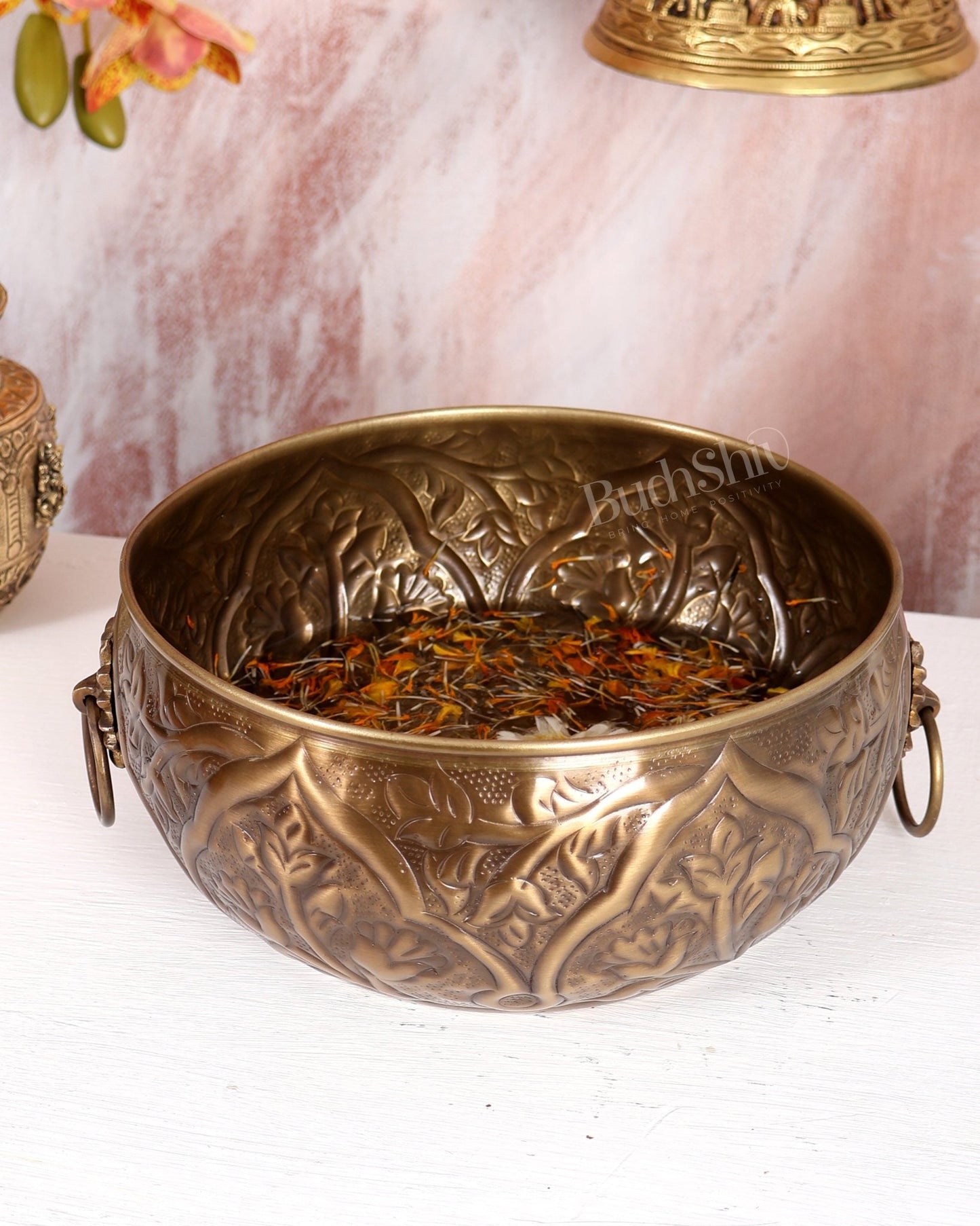 Traditional Brass Urli with Handles – Lightweight Antique Finish Decorative Bowl (12 Inches) - Budhshiv.com