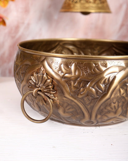 Traditional Brass Urli with Handles – Lightweight Antique Finish Decorative Bowl (12 Inches) - Budhshiv.com