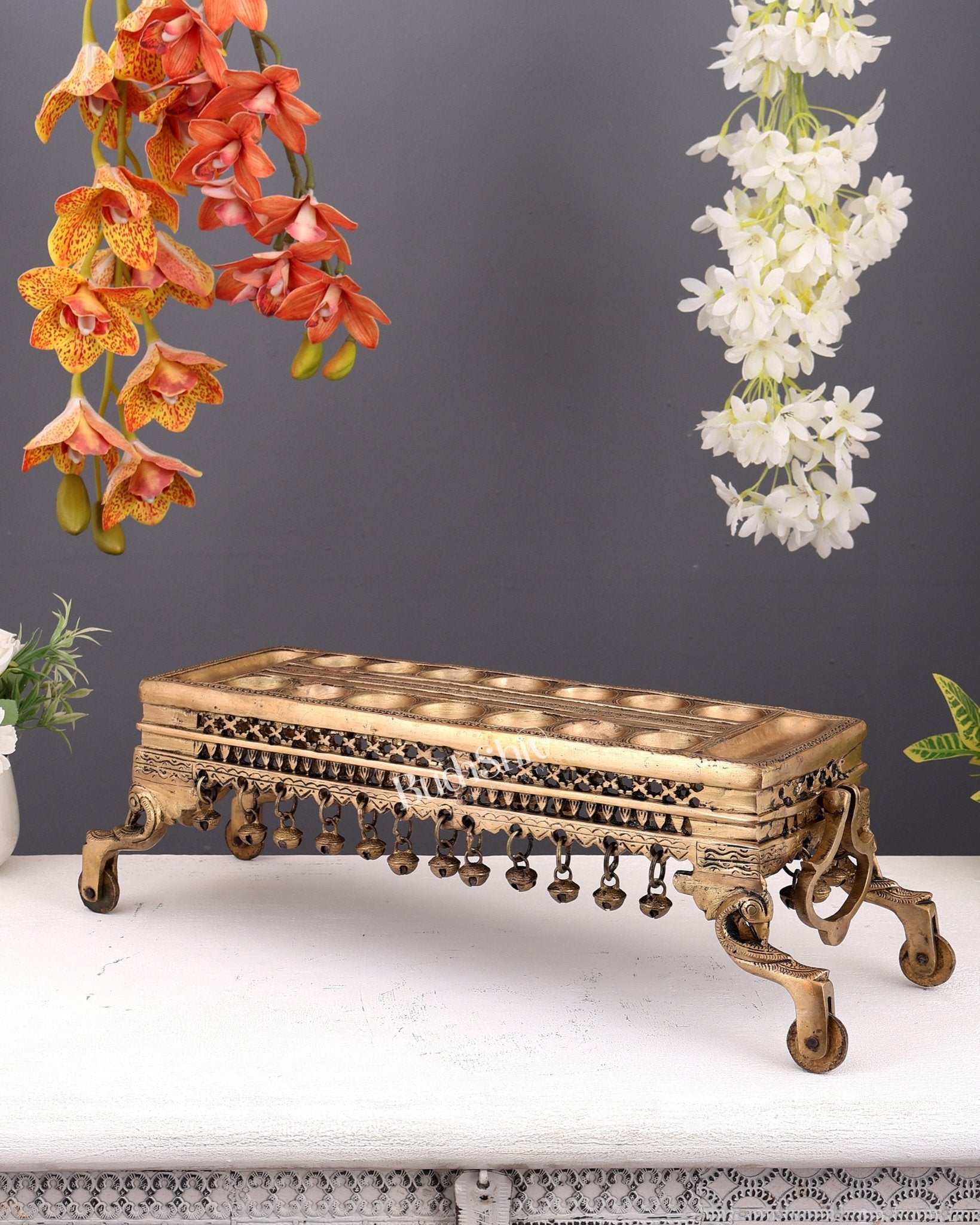 Traditional South Indian Pallanguzhi Brass Board with Wheels – Large Heritage Indoor Game - Budhshiv.com