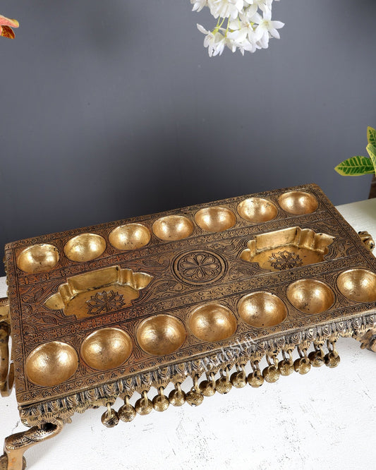 Traditional South Indian Pallanguzhi Brass Board with Wheels – Vintage Mancala Game Décor 16x8 Inch - Budhshiv.com