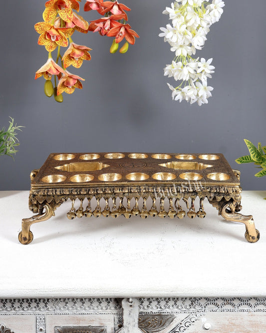 Traditional South Indian Pallanguzhi Brass Board with Wheels – Vintage Mancala Game Décor 16x8 Inch - Budhshiv.com