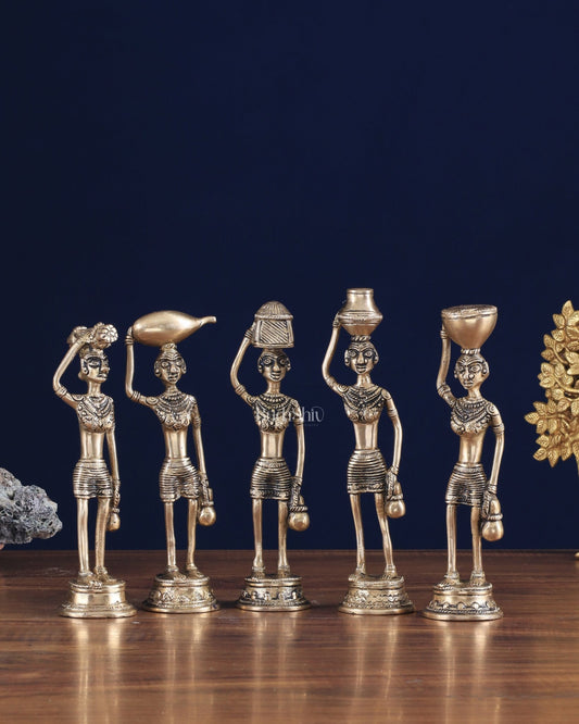 Tribal Brass Set of 5 Village Women Idols Depicting Daily Chores 7.5" - Budhshiv.com