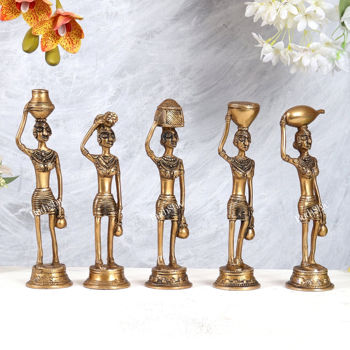 Tribal Brass Set of 5 Village Women Idols Depicting Daily Chores 7.5" - Budhshiv.com