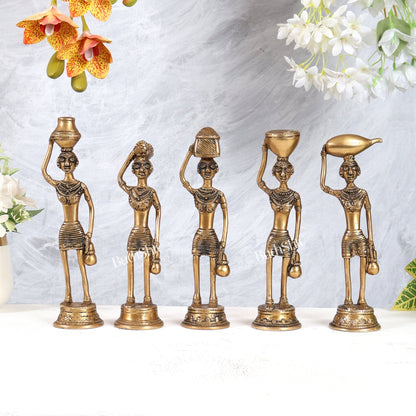 Tribal Brass Set of 5 Village Women Idols Depicting Daily Chores 7.5" - Budhshiv.com