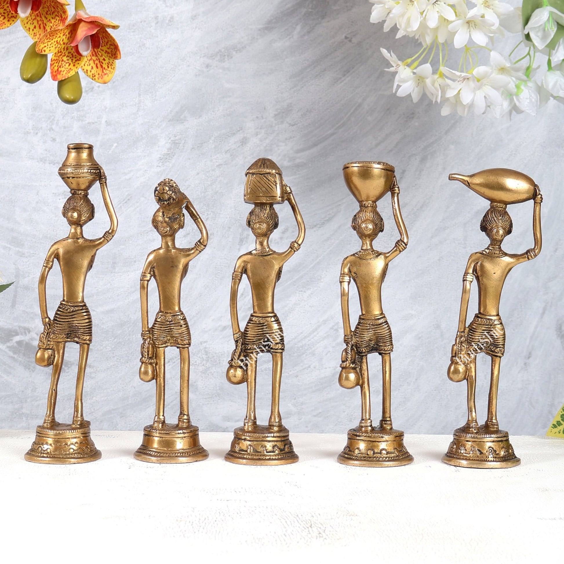 Tribal Brass Set of 5 Village Women Idols Depicting Daily Chores 7.5" - Budhshiv.com