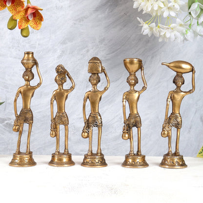 Tribal Brass Set of 5 Village Women Idols Depicting Daily Chores 7.5" - Budhshiv.com