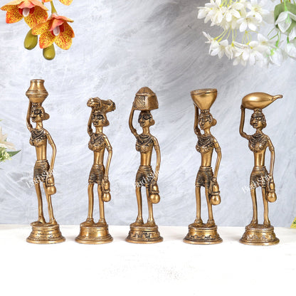 Tribal Brass Set of 5 Village Women Idols Depicting Daily Chores 7.5" - Budhshiv.com