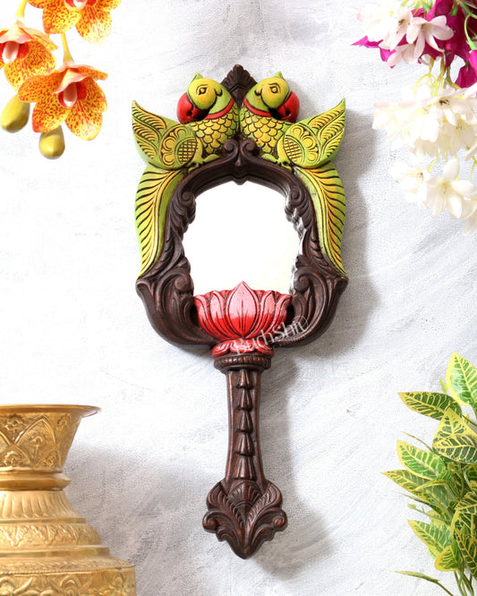Twin Parrot Long Wooden Frame Mirror – Traditional South Indian Wall Art 18 inch - Budhshiv.com