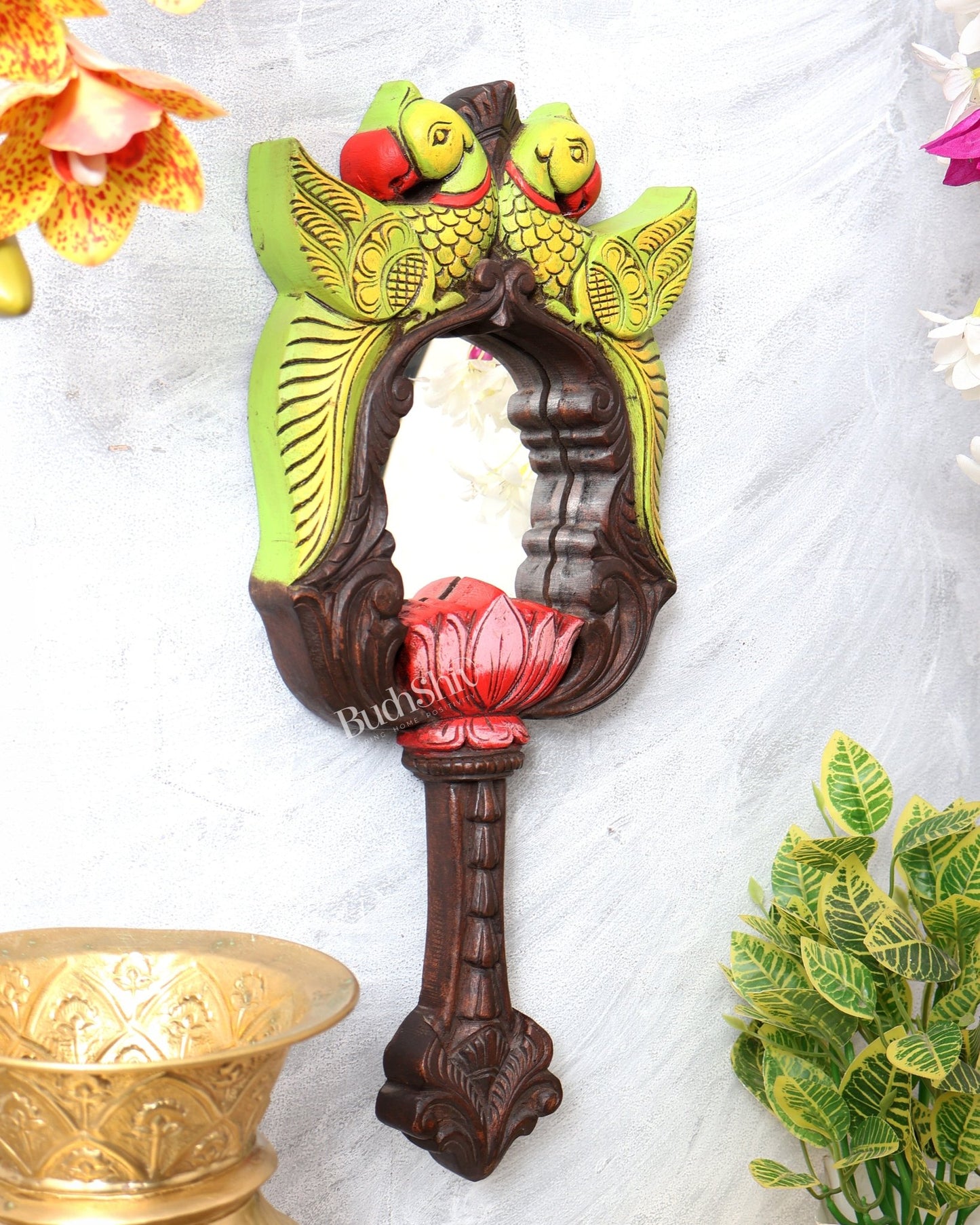 Twin Parrot Long Wooden Frame Mirror – Traditional South Indian Wall Art 18 inch - Budhshiv.com