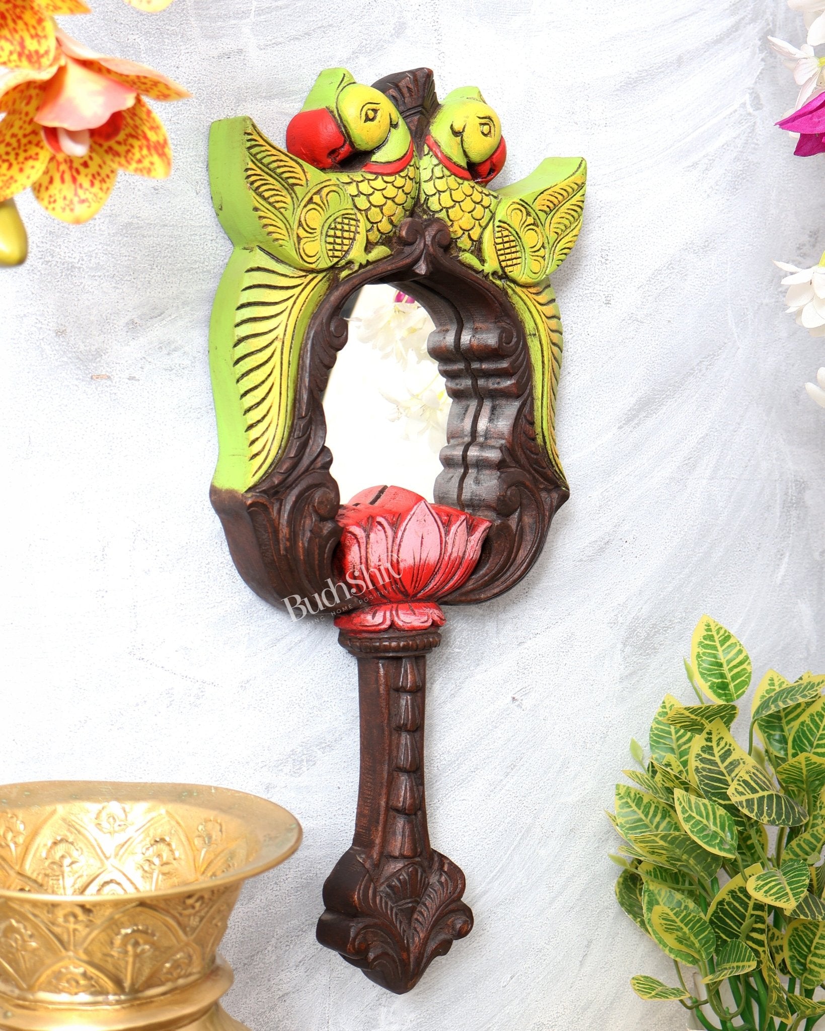 Twin Parrot Long Wooden Frame Mirror – Traditional South Indian Wall Art 18 inch - Budhshiv.com