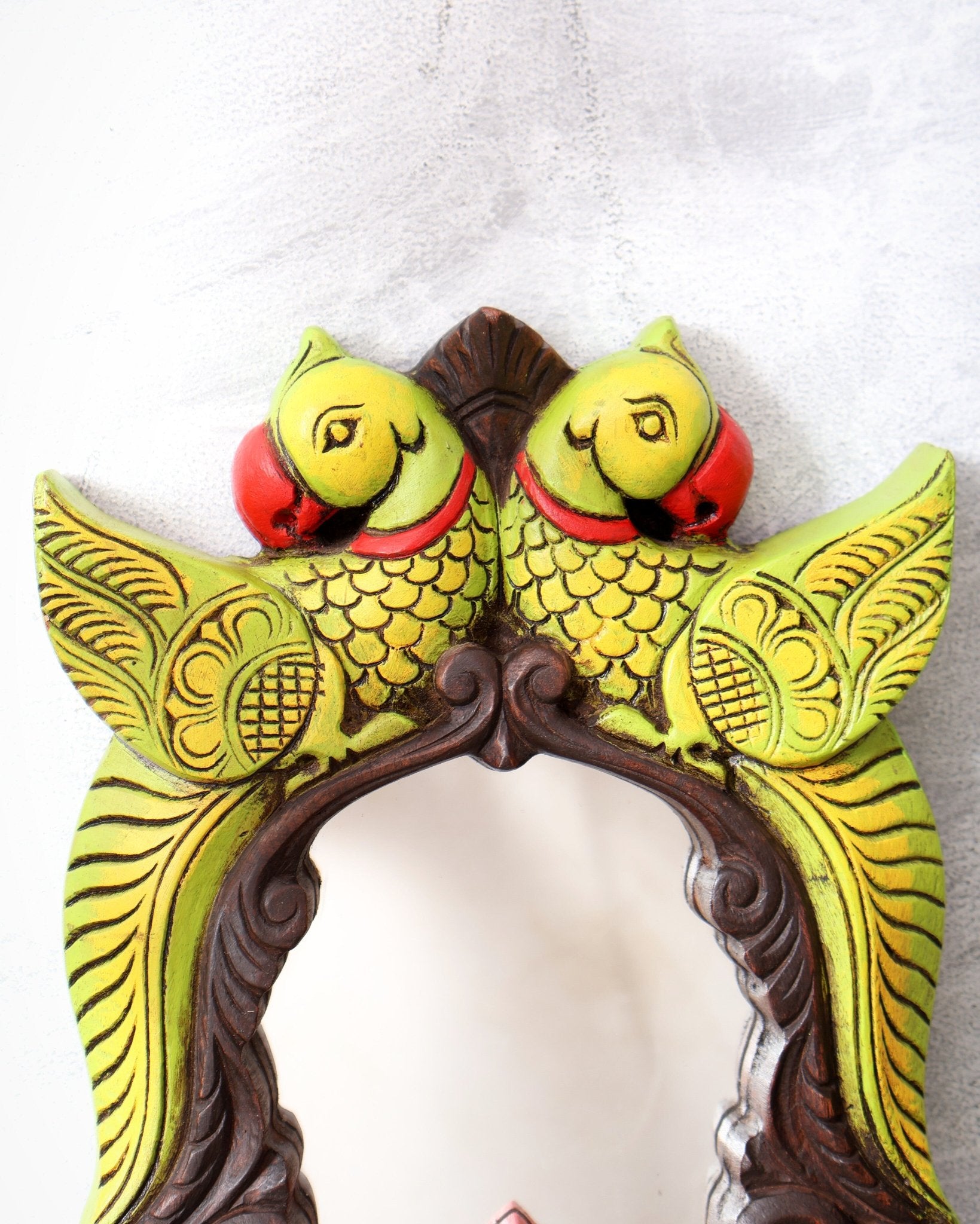 Twin Parrot Long Wooden Frame Mirror – Traditional South Indian Wall Art 18 inch - Budhshiv.com