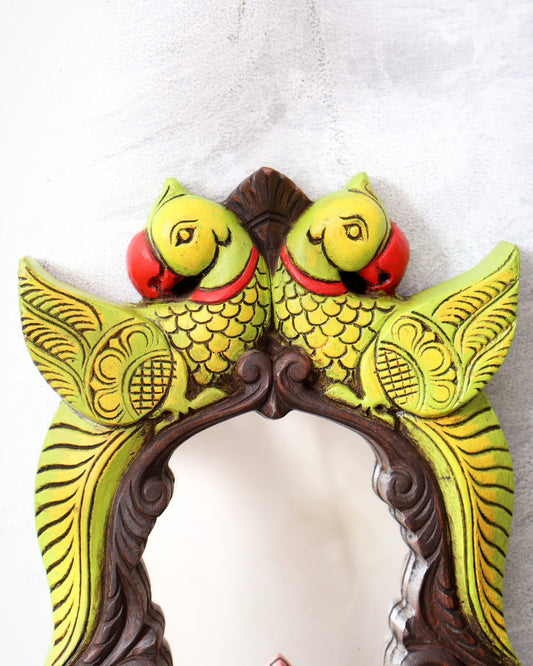 Twin Parrot Long Wooden Frame Mirror – Traditional South Indian Wall Art 18 inch - Budhshiv.com