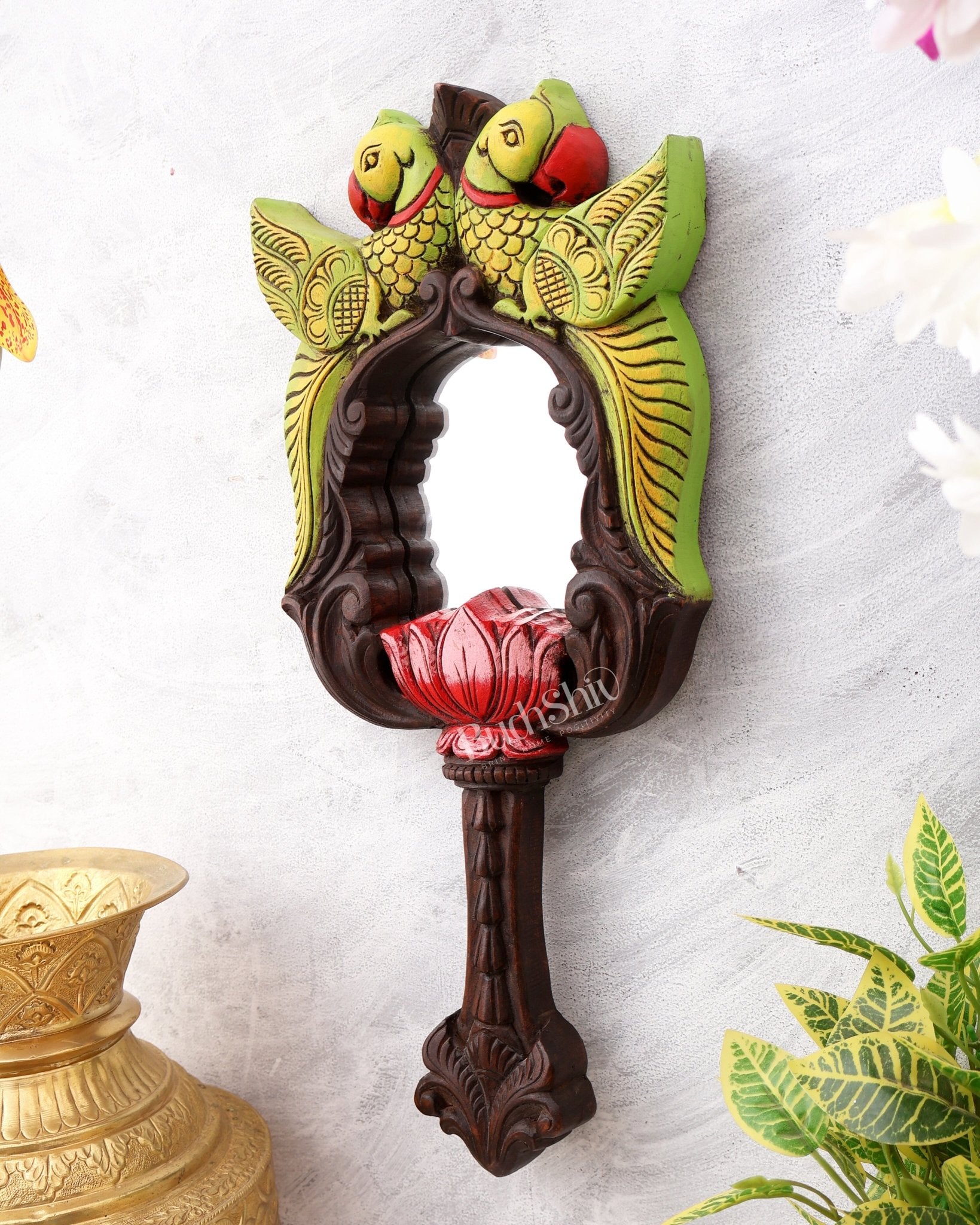 Twin Parrot Long Wooden Frame Mirror – Traditional South Indian Wall Art 18 inch - Budhshiv.com