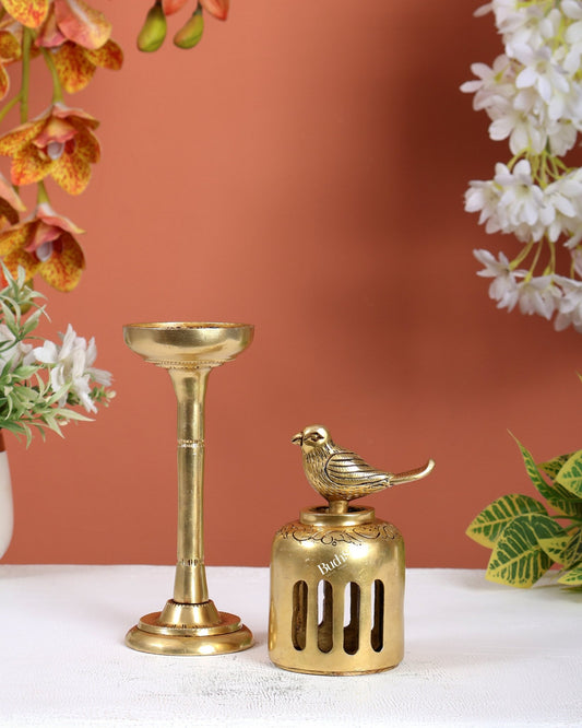 Unique Brass Bird Design Dhoop Burner & T - Light Holder (10.5 Inches) - Budhshiv.com