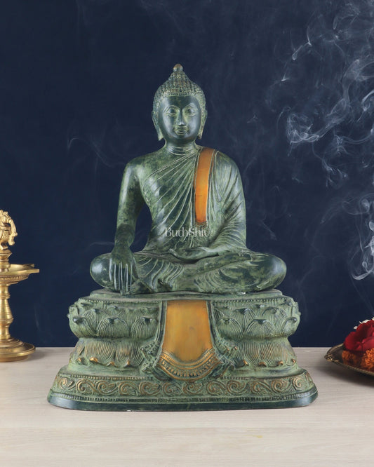 Unique Brass Blessing Buddha Statue in Green Stone Finish – 15 Inches - Budhshiv.com