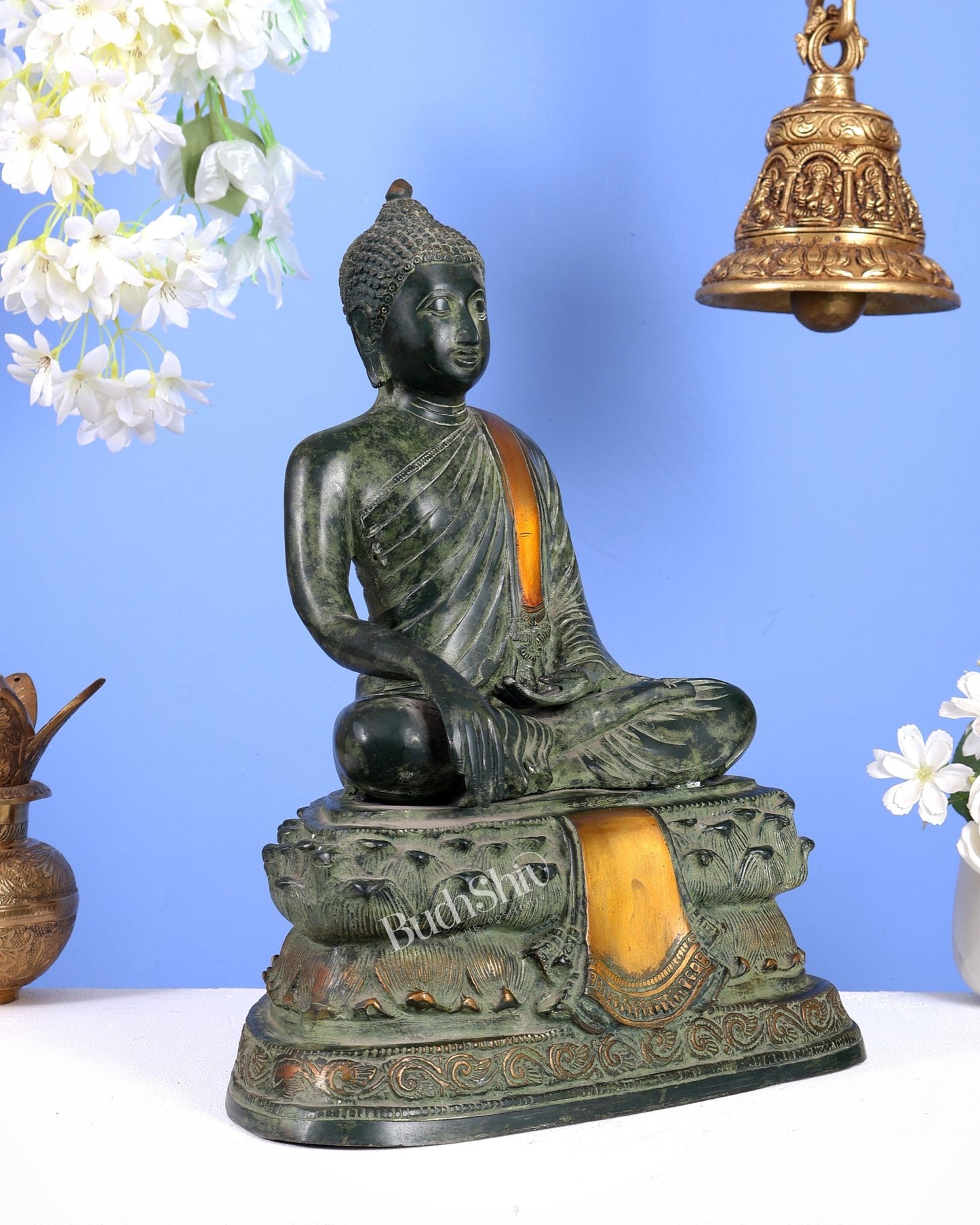 Unique Brass Blessing Buddha Statue in Green Stone Finish – 15 Inches - Budhshiv.com