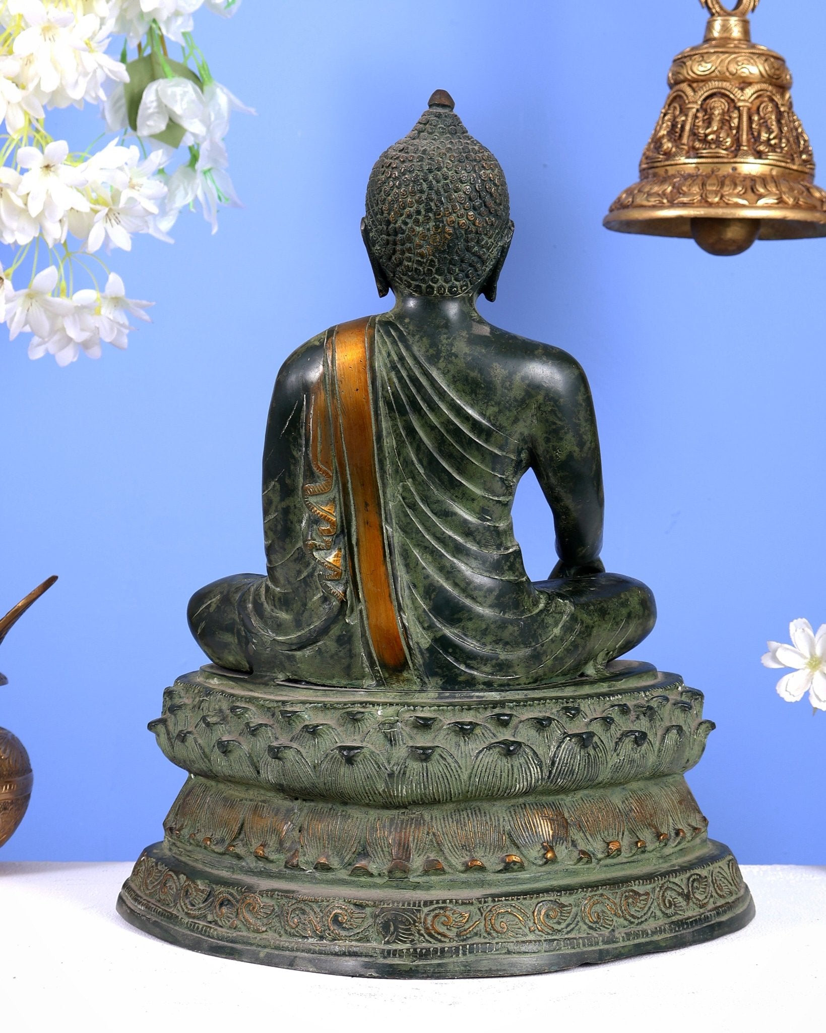Unique Brass Blessing Buddha Statue in Green Stone Finish – 15 Inches - Budhshiv.com
