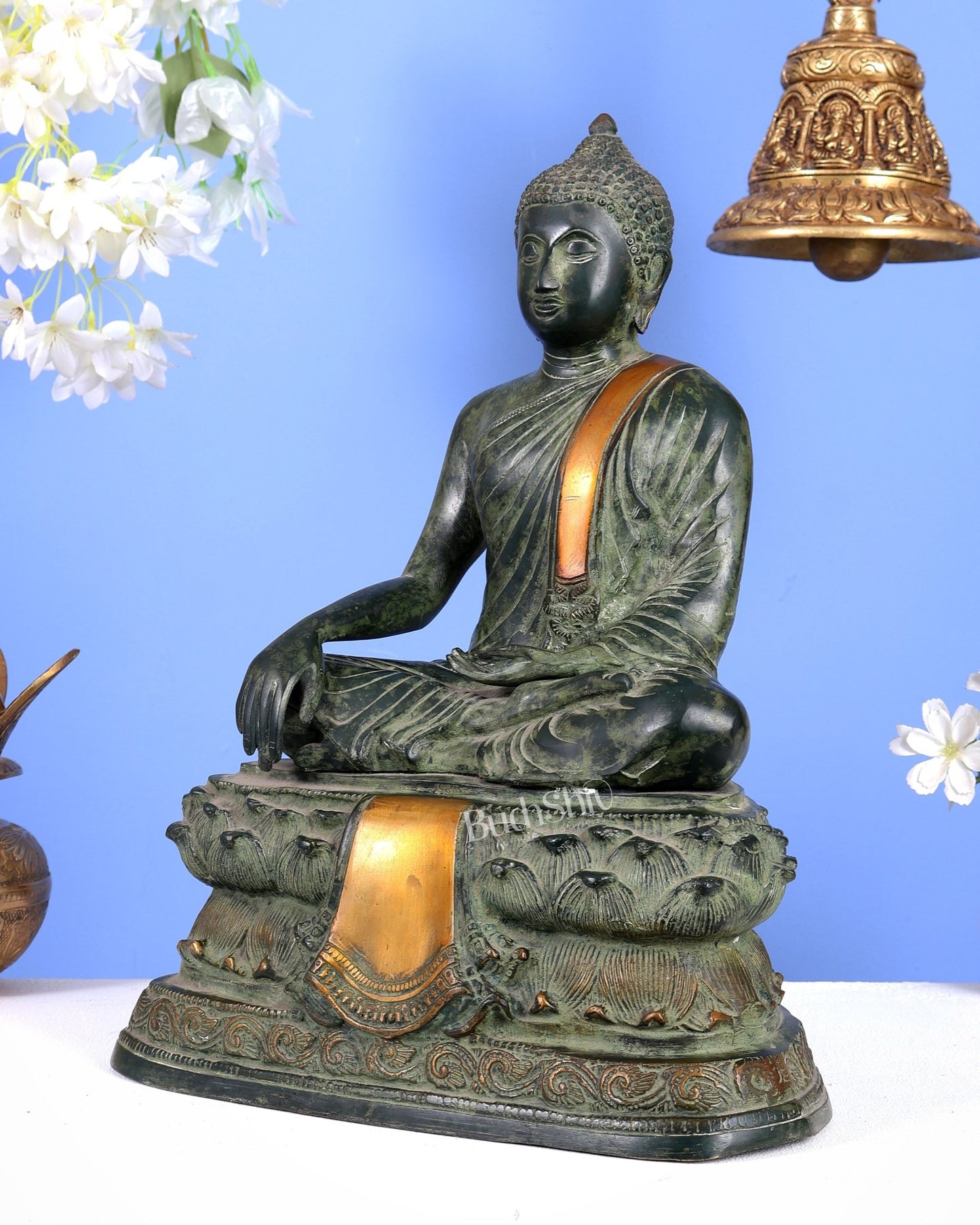 Unique Brass Blessing Buddha Statue in Green Stone Finish – 15 Inches - Budhshiv.com