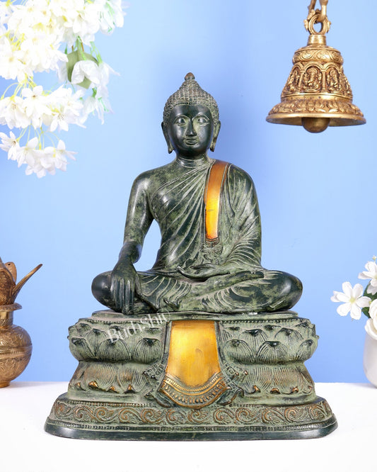 Unique Brass Blessing Buddha Statue in Green Stone Finish – 15 Inches - Budhshiv.com