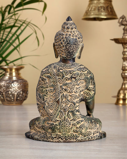 Unique Brass Buddha Fully Carved Statue with Patina Finish | Handmade Buddha Idol 8.5" - Budhshiv.com