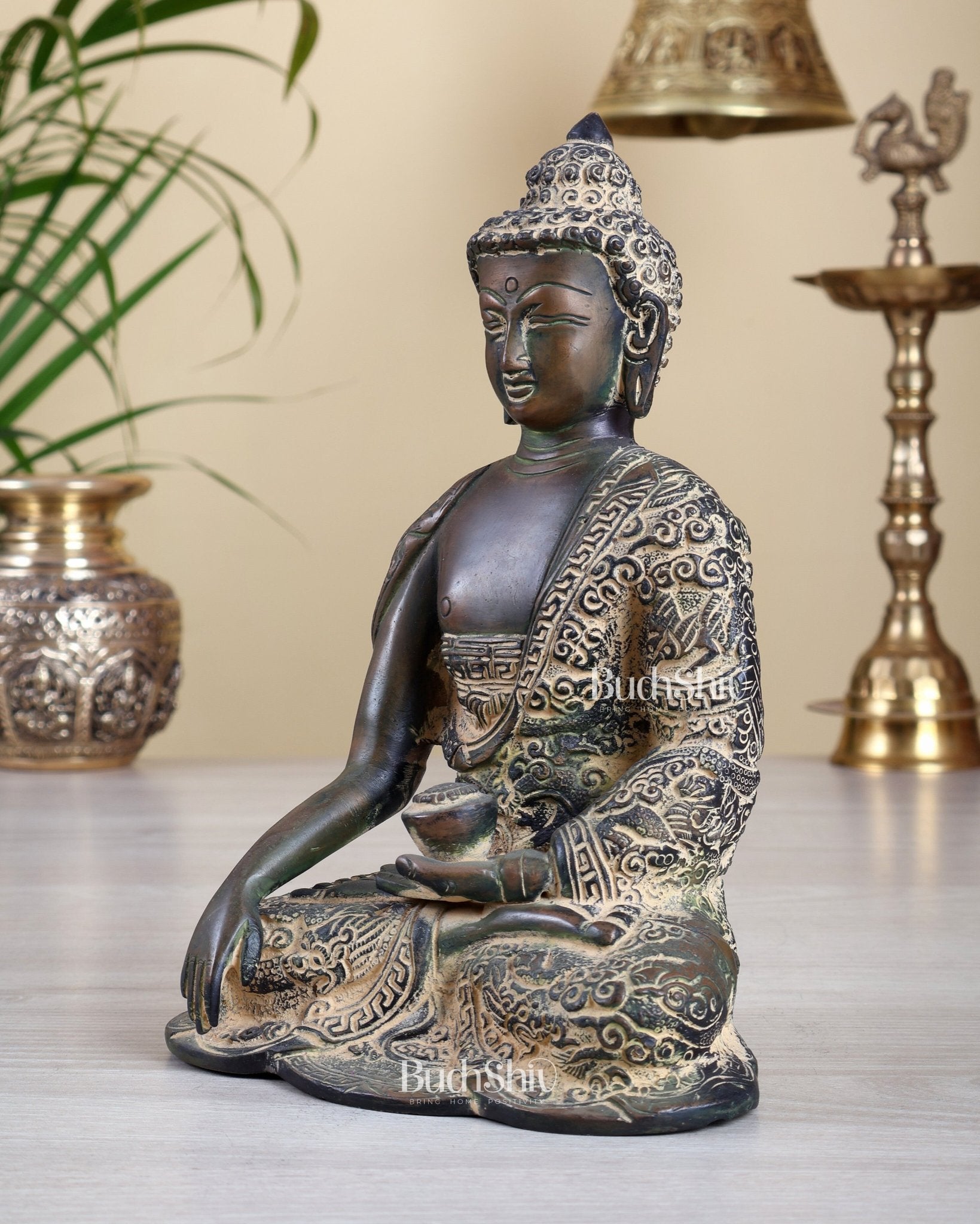 Unique Brass Buddha Fully Carved Statue with Patina Finish | Handmade Buddha Idol 8.5" - Budhshiv.com