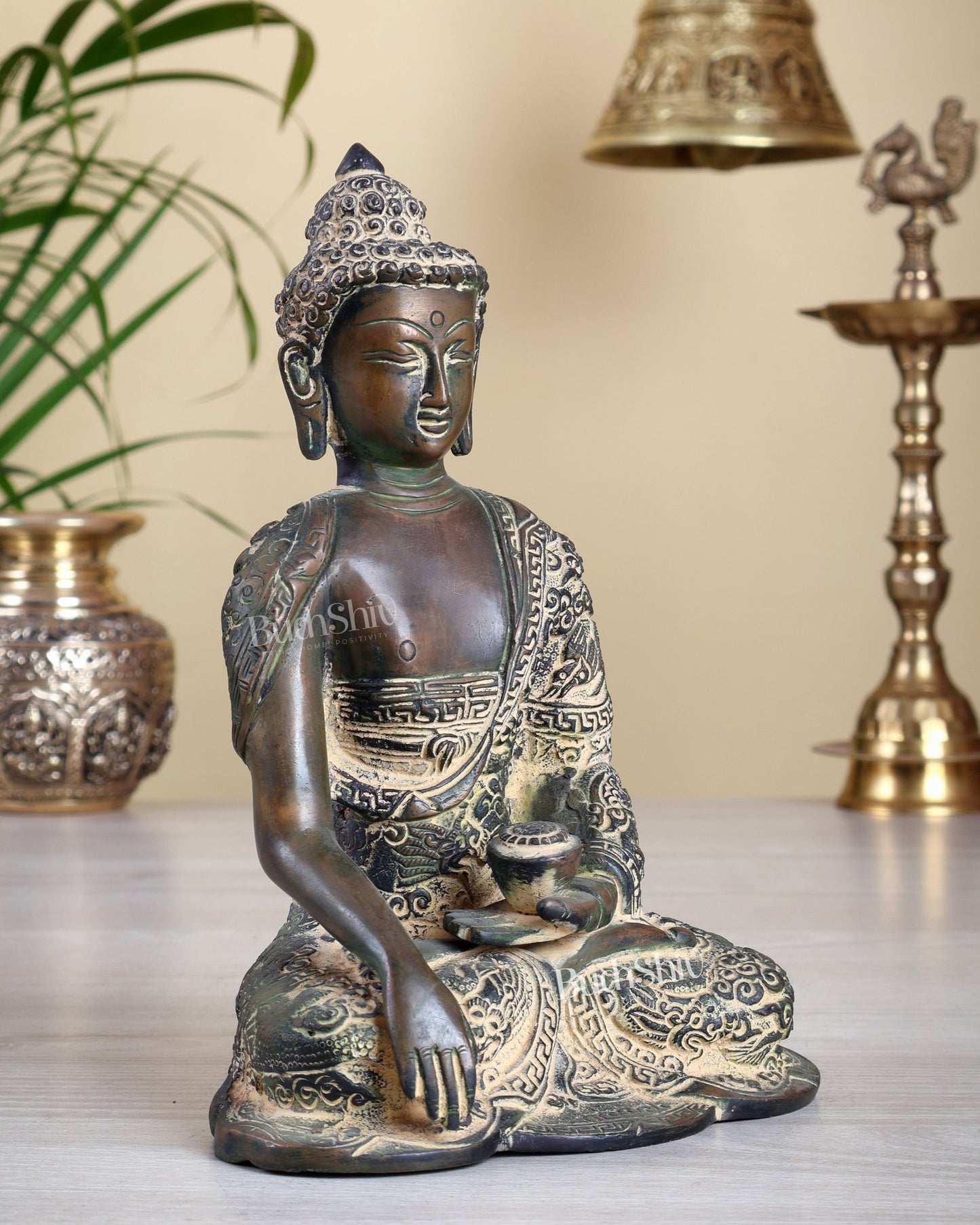 Unique Brass Buddha Fully Carved Statue with Patina Finish | Handmade Buddha Idol 8.5" - Budhshiv.com