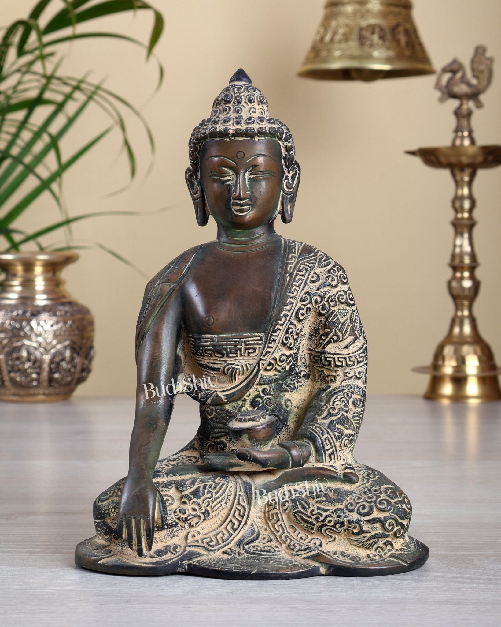 Unique Brass Buddha Fully Carved Statue with Patina Finish | Handmade Buddha Idol 8.5" - Budhshiv.com