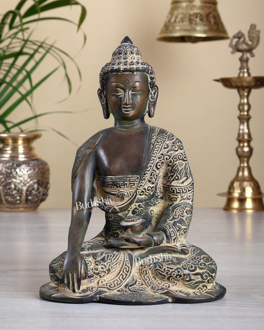 Unique Brass Buddha Fully Carved Statue with Patina Finish | Handmade Buddha Idol 8.5" - Budhshiv.com