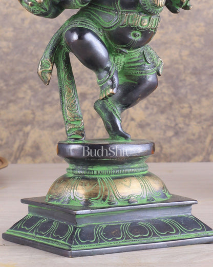Unique Brass Dancing Ganesha - Nritya Ganapati Statue, Vintage Black and Green Tone Sculpture - Budhshiv.com