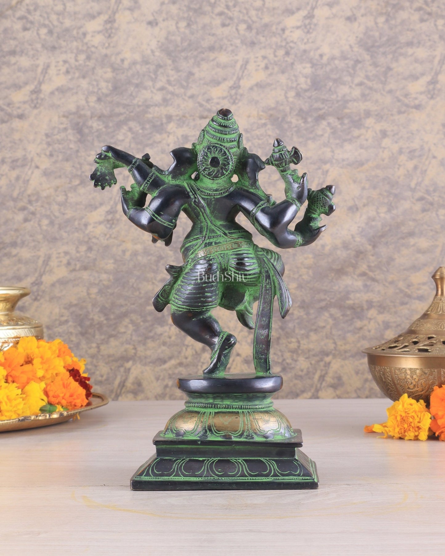 Unique Brass Dancing Ganesha - Nritya Ganapati Statue, Vintage Black and Green Tone Sculpture - Budhshiv.com