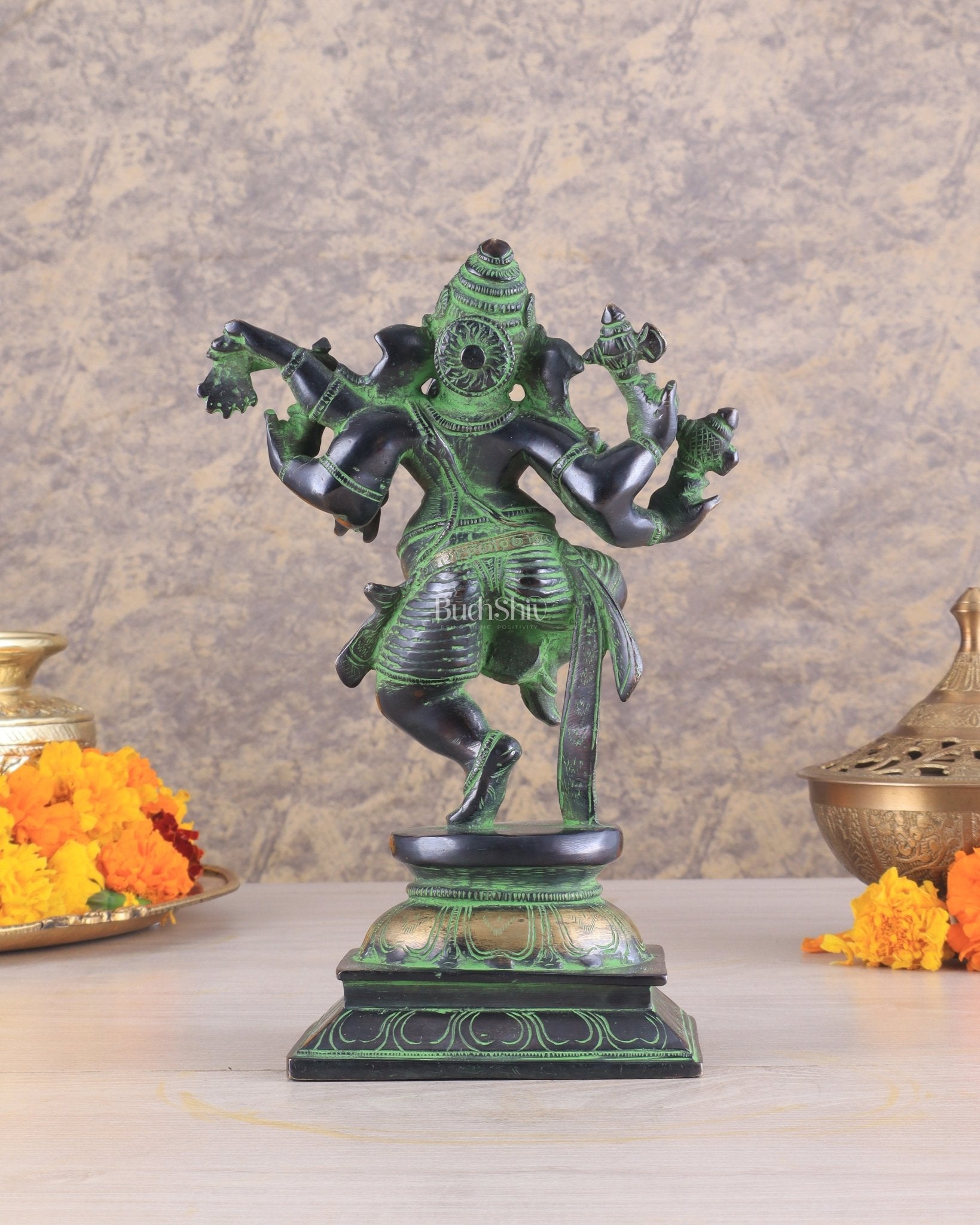 Unique Brass Dancing Ganesha - Nritya Ganapati Statue, Vintage Black and Green Tone Sculpture - Budhshiv.com