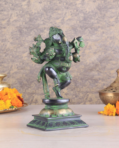 Unique Brass Dancing Ganesha - Nritya Ganapati Statue, Vintage Black and Green Tone Sculpture - Budhshiv.com