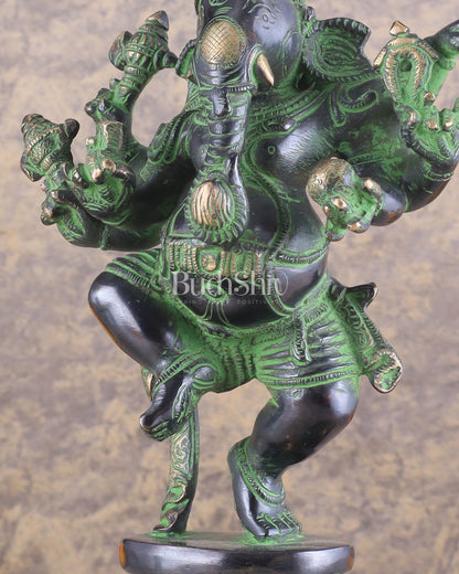 Unique Brass Dancing Ganesha - Nritya Ganapati Statue, Vintage Black and Green Tone Sculpture - Budhshiv.com