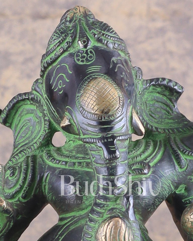 Unique Brass Dancing Ganesha - Nritya Ganapati Statue, Vintage Black and Green Tone Sculpture - Budhshiv.com
