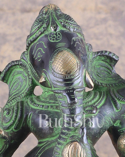 Unique Brass Dancing Ganesha - Nritya Ganapati Statue, Vintage Black and Green Tone Sculpture - Budhshiv.com