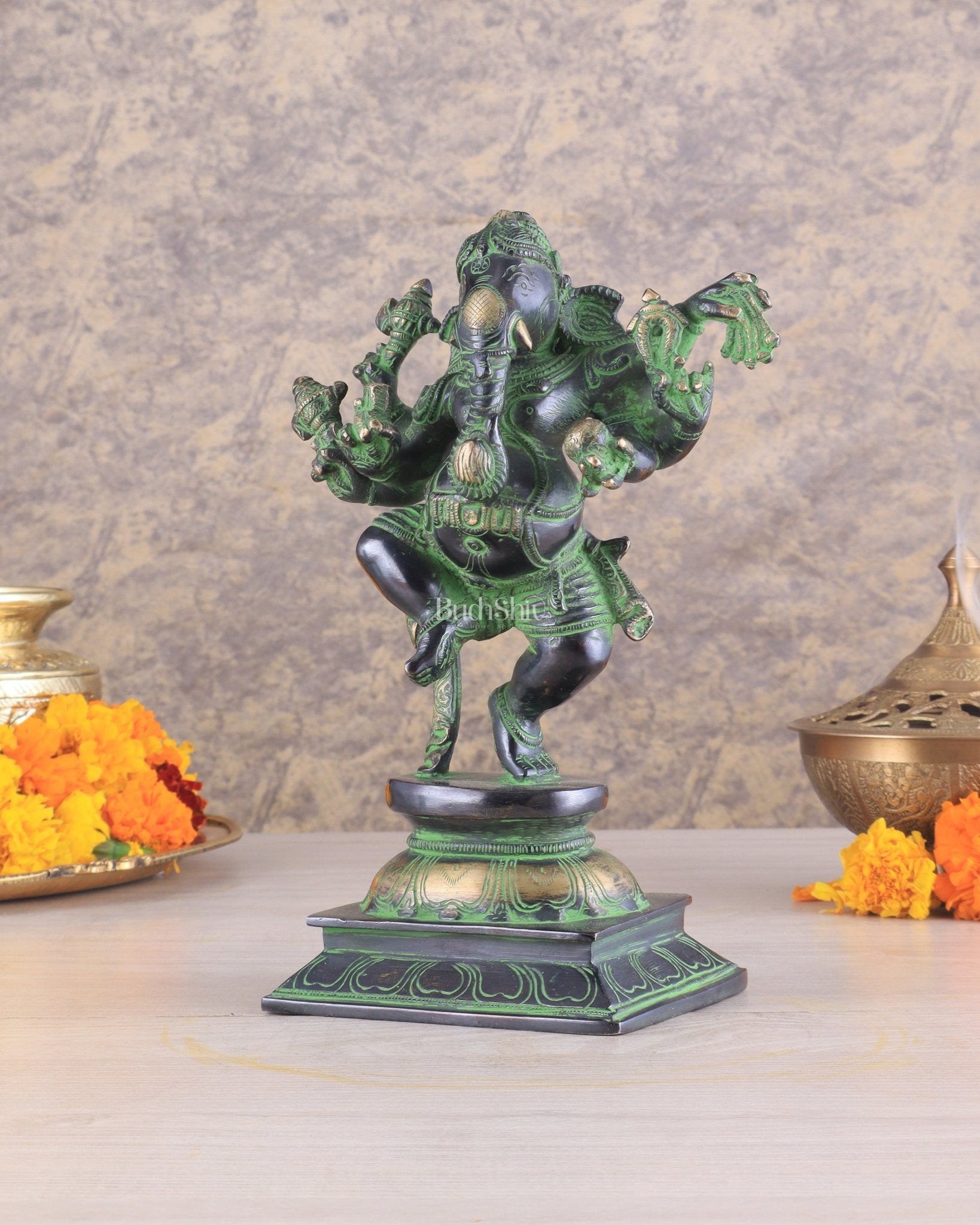 Unique Brass Dancing Ganesha - Nritya Ganapati Statue, Vintage Black and Green Tone Sculpture - Budhshiv.com