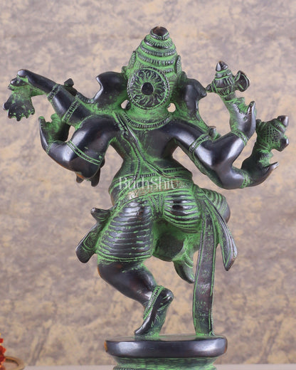 Unique Brass Dancing Ganesha - Nritya Ganapati Statue, Vintage Black and Green Tone Sculpture - Budhshiv.com
