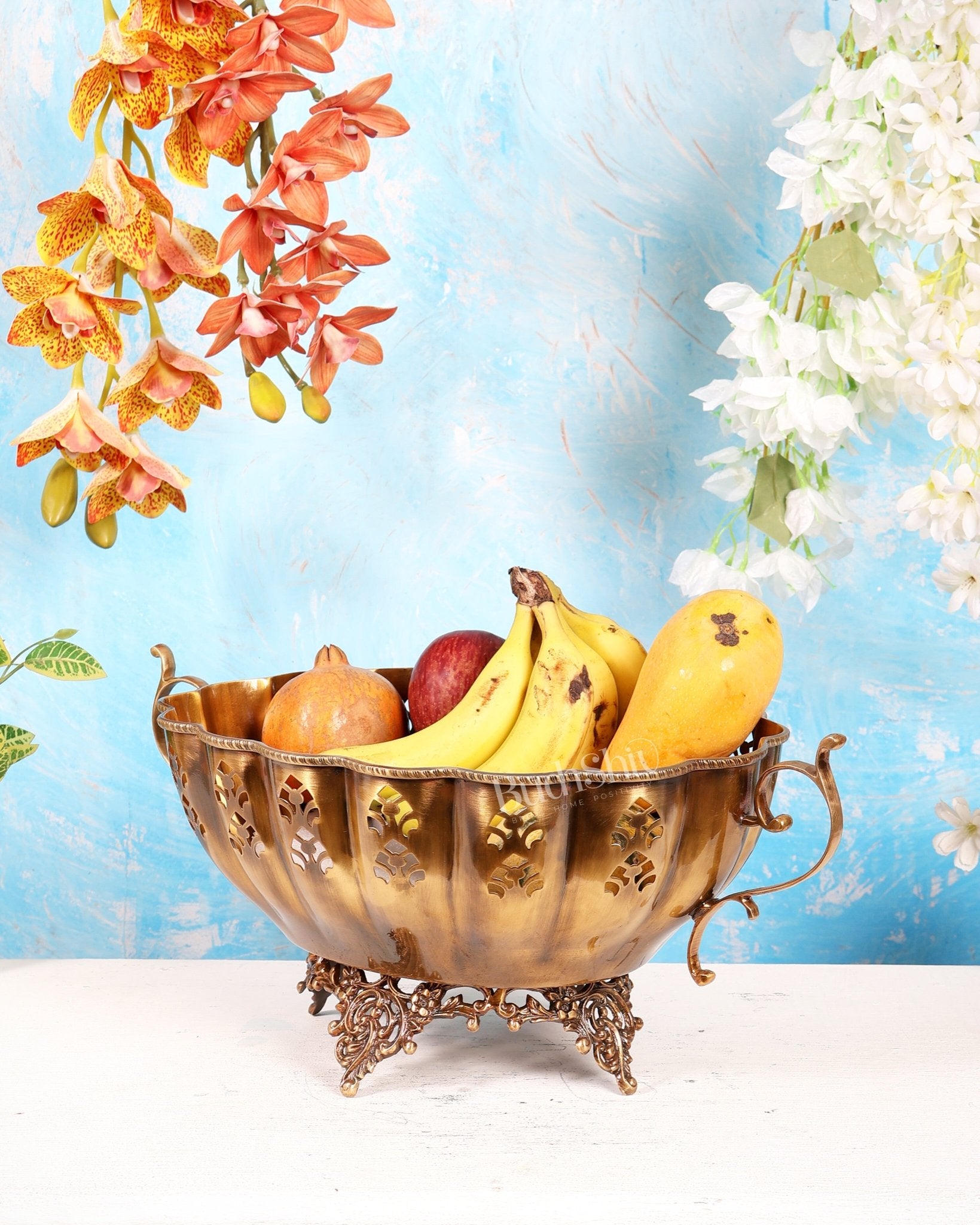 Unique Brass Fruit Bowl with Handle – Majestic Design Matte Finish Decorative Centerpiece (19 Inches) - Budhshiv.com