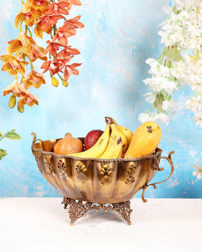 Unique Brass Fruit Bowl with Handle – Majestic Design Matte Finish Decorative Centerpiece (19 Inches) - Budhshiv.com
