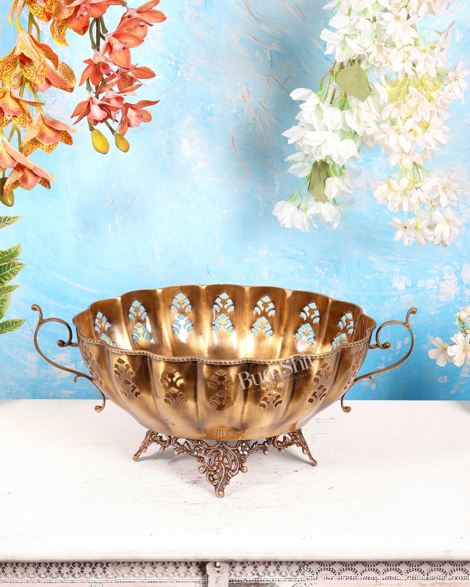 Unique Brass Fruit Bowl with Handle – Majestic Design Matte Finish Decorative Centerpiece (19 Inches) - Budhshiv.com