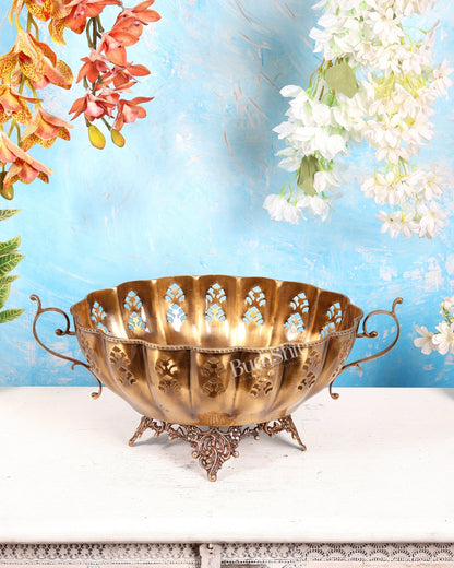 Unique Brass Fruit Bowl with Handle – Majestic Design Matte Finish Decorative Centerpiece (19 Inches) - Budhshiv.com