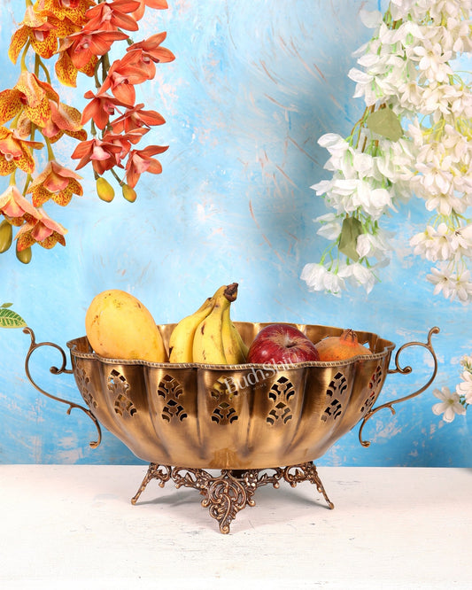 Unique Brass Fruit Bowl with Handle – Majestic Design Matte Finish Decorative Centerpiece (19 Inches) - Budhshiv.com