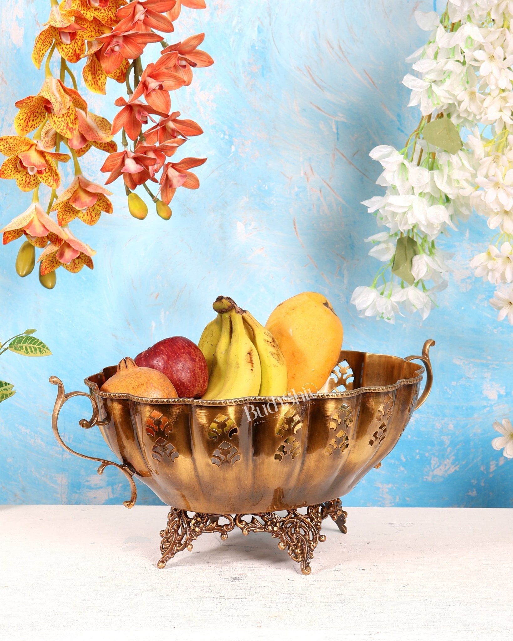 Unique Brass Fruit Bowl with Handle – Majestic Design Matte Finish Decorative Centerpiece (19 Inches) - Budhshiv.com