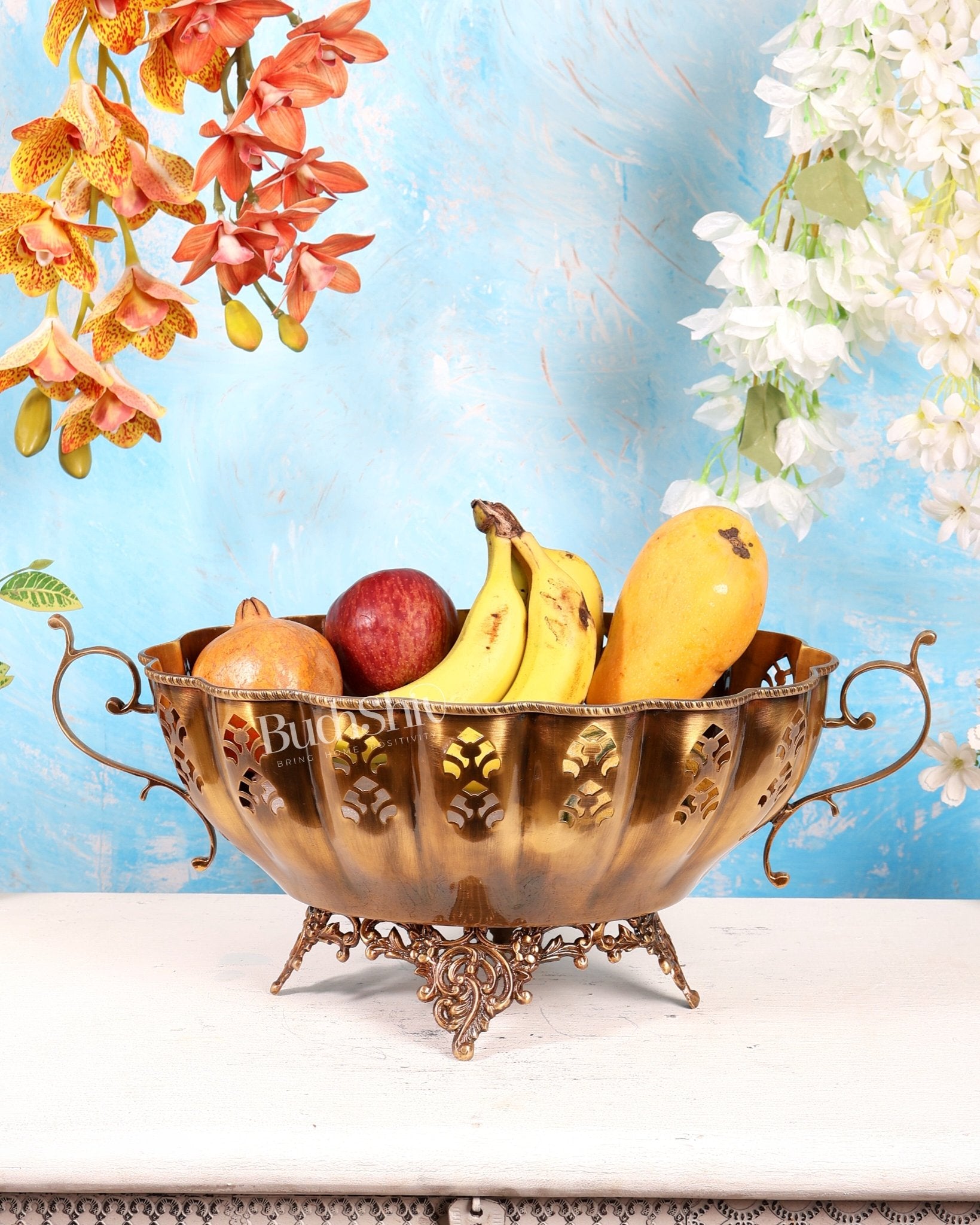 Unique Brass Fruit Bowl with Handle – Majestic Design Matte Finish Decorative Centerpiece (19 Inches) - Budhshiv.com