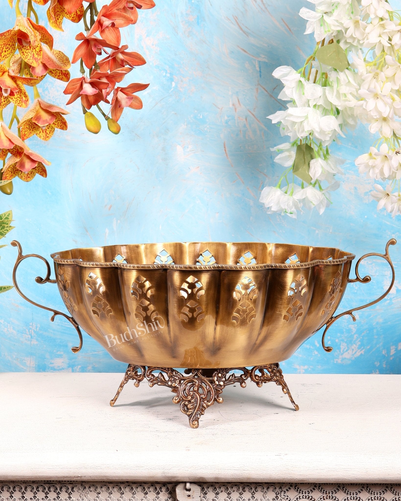 Unique Brass Fruit Bowl with Handle – Majestic Design Matte Finish Decorative Centerpiece (19 Inches) - Budhshiv.com