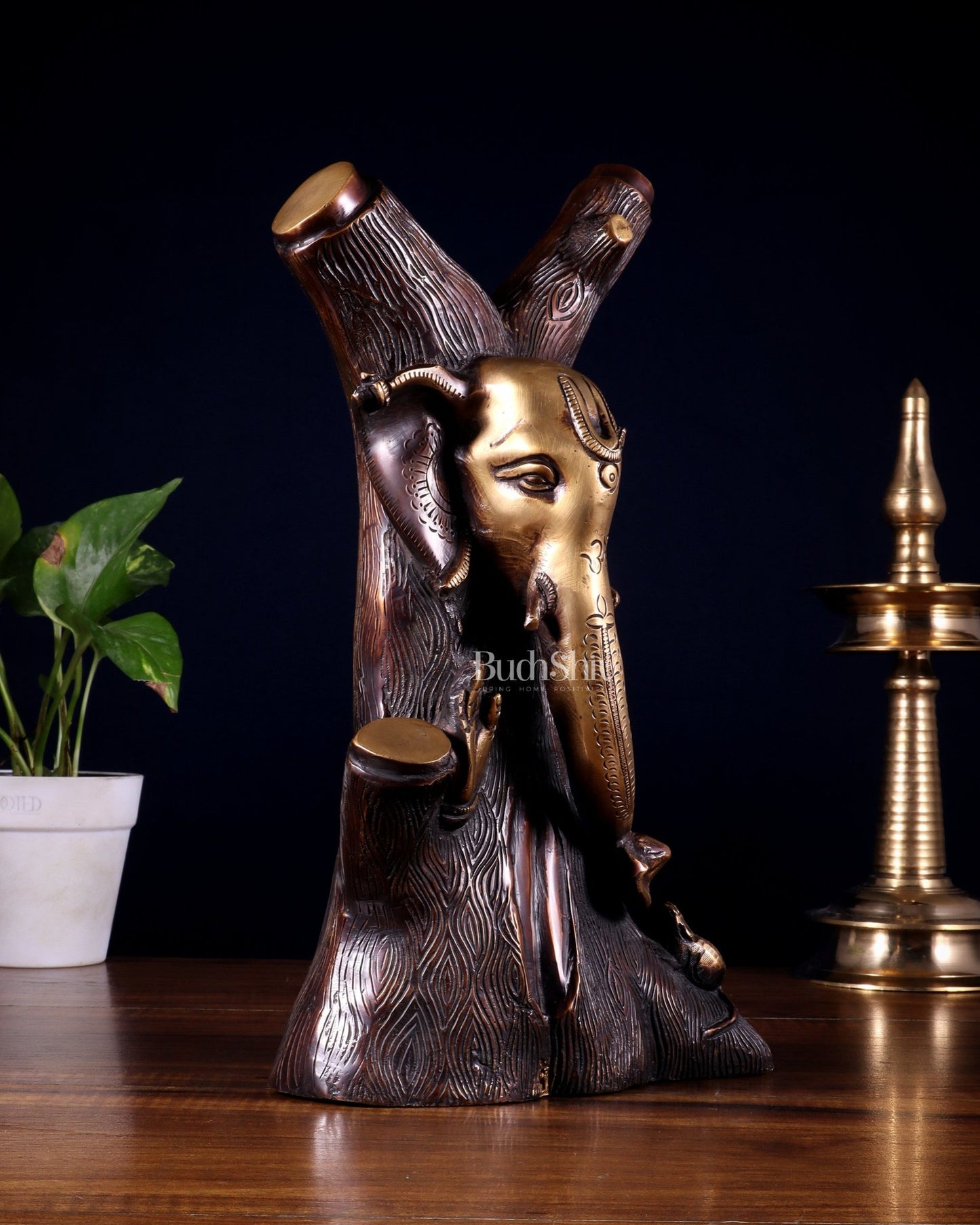Unique Brass Ganesha Statue Carved in Tree – 12" Height - Budhshiv.com