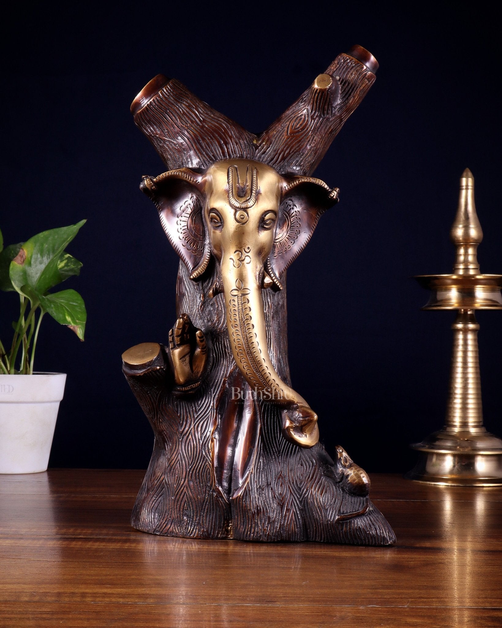 Unique Brass Ganesha Statue Carved in Tree – 12" Height - Budhshiv.com