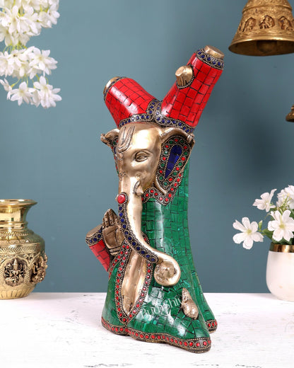 Unique Brass Ganesha Statue Carved in Tree – 12" with stonework - Budhshiv.com